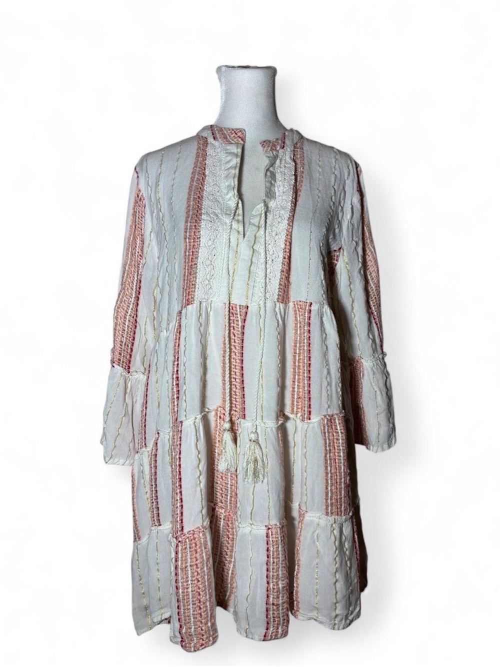 Turks & Caicos Boho Tiered White Coral Stripe Mini Dress size Large - Picture 2 of 7